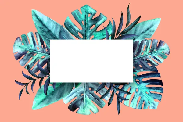 Quadro de retângulo de natureza botânica com aquarela folhas tropicais sobre fundo rosa. Monstera, palma, banana folhas azuis. Lugar para SMS. Projeto de leigos planos. — Fotografia de Stock