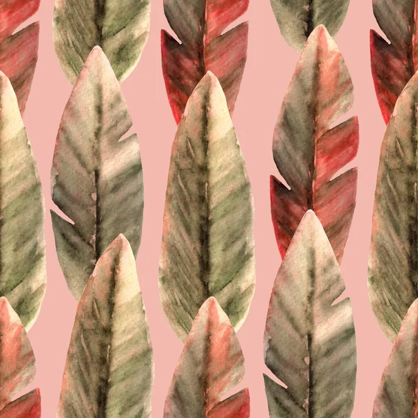 手描きの水彩バナナの葉と熱帯シームレスパターン。ピンクの背景にグレーと赤の葉. — ストック写真