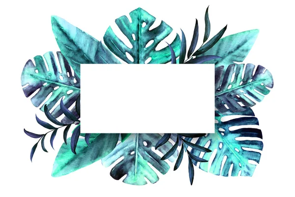 Quadro de retângulo de natureza botânica com aquarela folhas tropicais sobre fundo branco. Monstera, palma, banana folhas azuis. Lugar para SMS. Projeto de leigos planos. — Fotografia de Stock