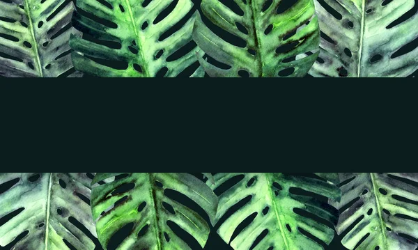 Acuarela monstera hojas sobre fondo oscuro. Marco de naturaleza botánica con lugar para el texto. Rectángulo. Diseño de laico plano. — Foto de Stock
