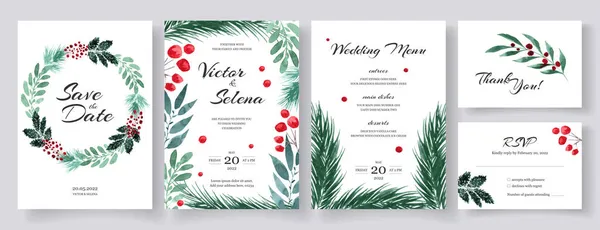 Großes Set von Winterhochzeitskarten mit grünem Laub und roten Beeren in lockerem Aquarell-Stil. — Stockvektor