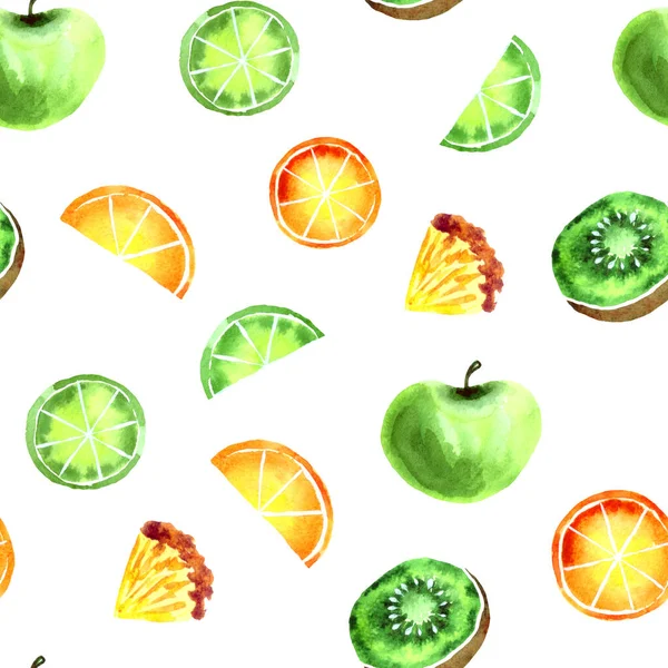 Frutas sem costura padrão com laranja maçã de abacaxi de limão e kiwi no fundo branco. — Fotografia de Stock