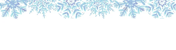 Fundo de inverno com flocos de neve aquarela azul na parte superior em branco. Retângulo longo. — Fotografia de Stock