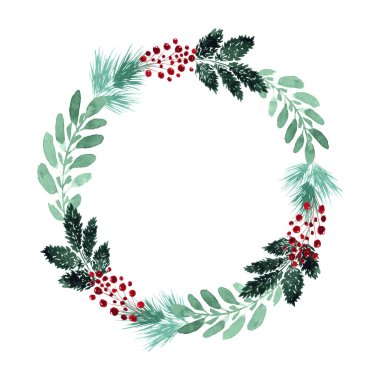 Kırmızı böğürtlenli kış yeşili çelengi. Elle boyanmış suluboya.