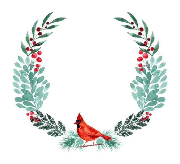 Winter wreath with green foliage red berries and cardinal bird. Hand painted watercolor. — Stock Vector