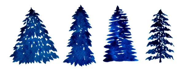 Zestaw niebieskich drzew iglastych. Ręcznie malowany akwarela. Izolacja na białym tle. — Zdjęcie stockowe