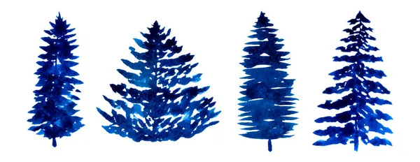 Set Von Marineblauen Nadelbäumen Handgemaltes Aquarell Vereinzelt Auf Weißem Hintergrund — Stockfoto