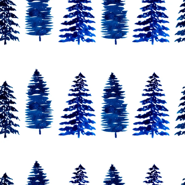 Nahtloses Muster mit Aquarell blauen Fichten auf weißem Hintergrund. — Stockfoto