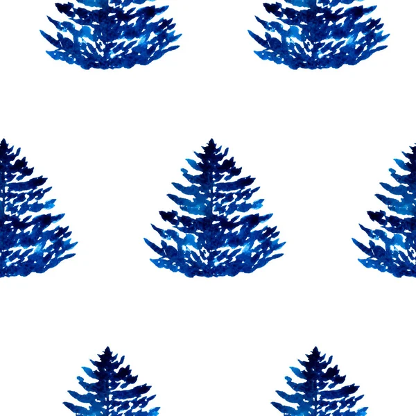 Płynny Wzór Akwarelowym Niebieskim Świerkiem Drzew Białym Tle Ręcznie Malowany — Zdjęcie stockowe