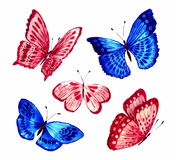 Watercolor Composition Blue Pink Butterflies Isolated White Hand Painted Watercolor — Stock Vector