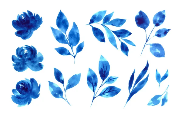 Conjunto Flores Acuarela Azul Marino Hojas Aisladas Sobre Fondo Blanco — Vector de stock