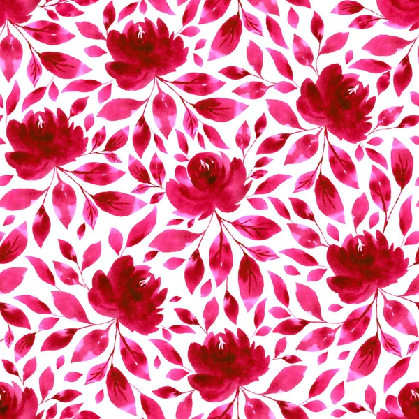 Elegant seamless pattern with watercolor red flowers and leaves on white background. — Stock Photo, Image