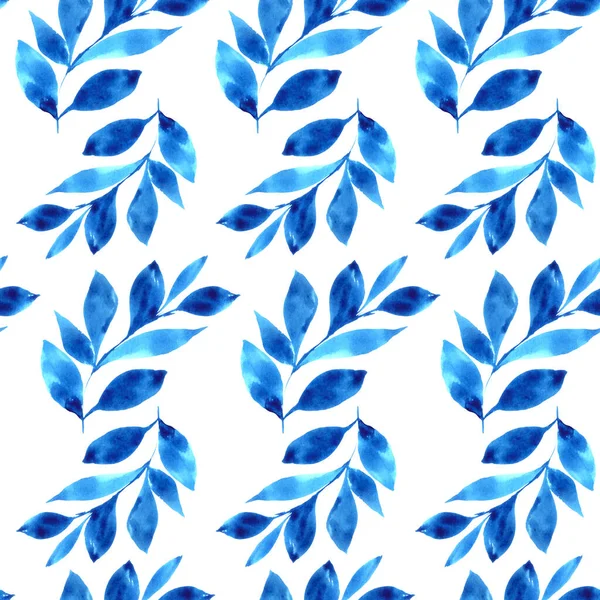 Elegantes nahtloses Muster mit aquarellblauen Blättern auf weißem Hintergrund. — Stockfoto