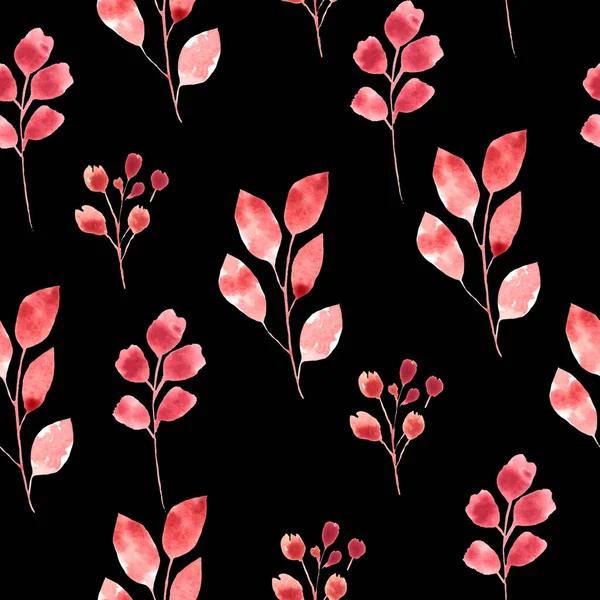 Cute Seamless Pattern Tender Red Branches Dark Background Botanical Watercolor — Stock Photo, Image