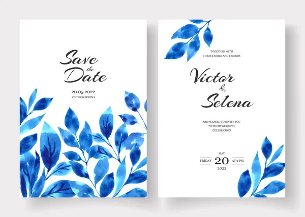 Hochzeitseinladungskarten Mit Blauen Aquarellblättern Auf Weißem Hintergrund Vector Elegante Hochzeitsvorlage — Stockvektor