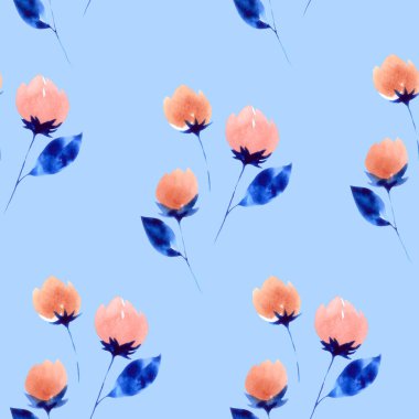 Küçük şirin tomurcuklardaki kusursuz desen. Açık arkaplanda mavi yapraklı pembe tomurcuklar.