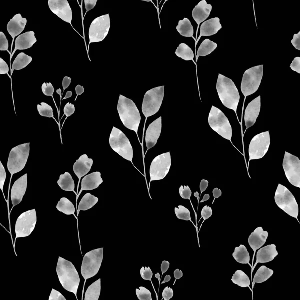 Niedliches, nahtloses Muster mit zarten, monochromen Zweigen auf dunklem Hintergrund. Botanisches Aquarellmuster. — Stockfoto