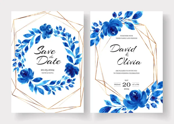 Hochzeitseinladungskarten mit blauen Aquarellblumenblättern und goldenem Rahmen auf weißem Hintergrund. — Stockvektor