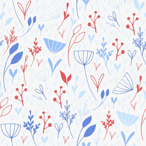 Зимний ботанический бесшовный рисунок с голубыми и красными цветами травы и ягоды на белом фоне. — стоковый вектор