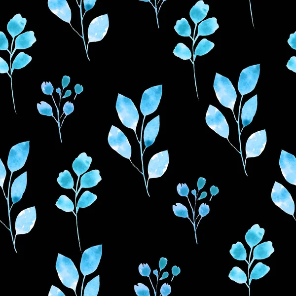 Niedliches, nahtloses Muster mit zarten blauen Zweigen auf dunklem Hintergrund. Botanisches Aquarellmuster. — Stockfoto