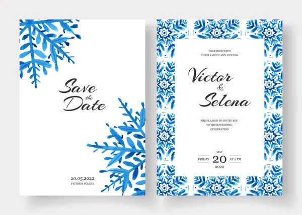 Winter-Hochzeitskarten Design-Set mit Aquarell-Schneeflocken. Speichern Sie das Datum — Stockvektor