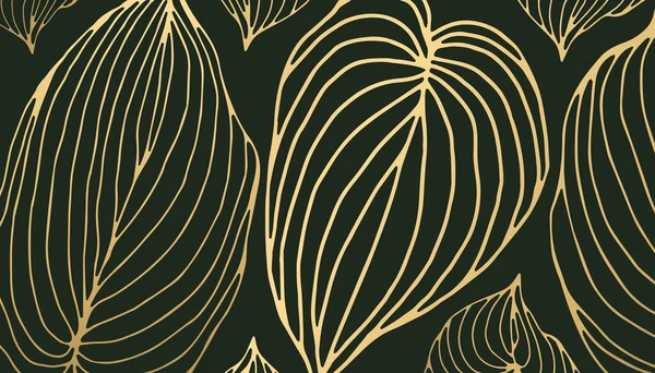 緑の背景に金色の葉のラインアート。高級背景 — ストックベクタ