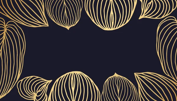 濃い青の上に金色の葉のラインアートと豪華な自然のフレーム — ストックベクタ