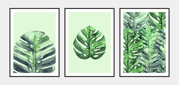 Watercolor monstera leaves poster set — Stock Vector