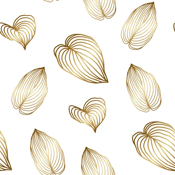 Seamless pattern with golden leaves line art on white background — Stock Vector