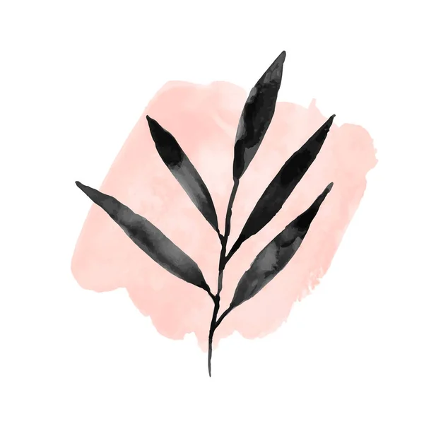 Akvarell svart lövverk på rosa abstrakt form bakgrund — Stock vektor