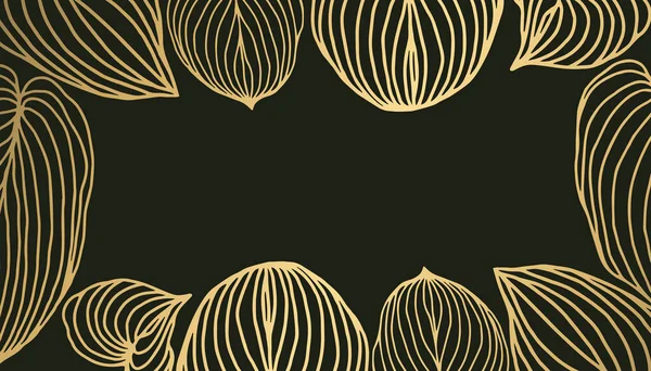 濃い緑の上に金色の葉のラインアートと豪華な自然のフレーム — ストックベクタ