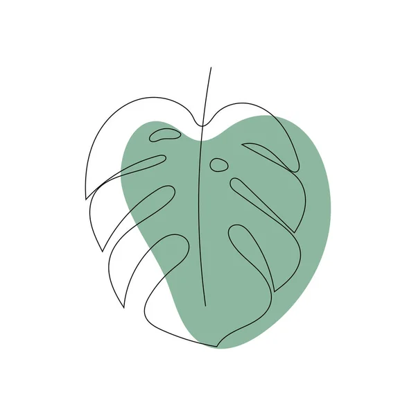Monstera list a zelený abstraktní tvar. Jedno kreslení čáry — Stockový vektor