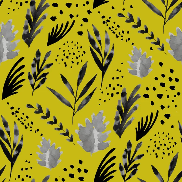 Naadloos patroon met zwart aquarel blad op geel — Stockvector