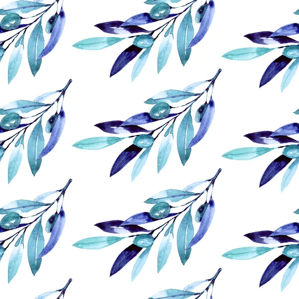 Απρόσκοπτη μοτίβο με ελιές νερομπογιάς σε λευκό χρώμα — Φωτογραφία Αρχείου