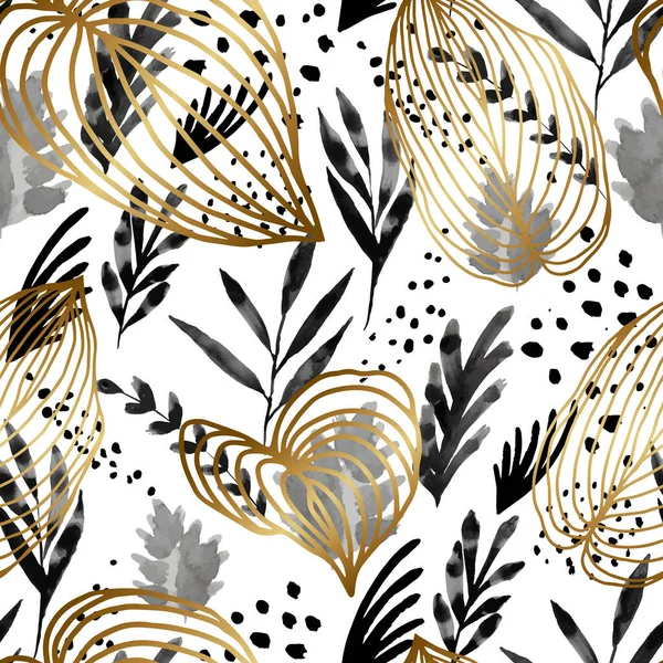 Seamless pattern with golden line art and black watercolor foliage on white — Stock vektor