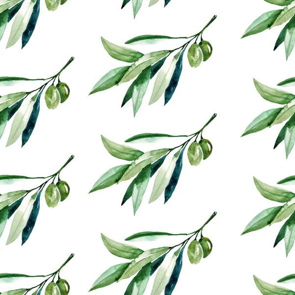 Płynny wzór z oliwkami akwarelowymi na białym — Zdjęcie stockowe