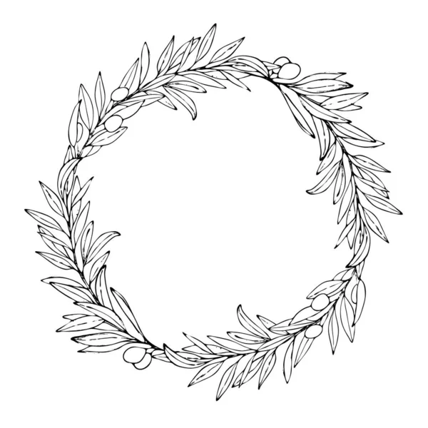 手描かれたヴィンテージ花輪のオリーブの木の枝の上に白 — ストックベクタ