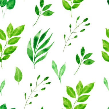 Suluboya yeşillik. Yeşil yapraklı kusursuz desen ve beyaz dallı