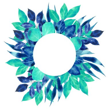Mavi yapraklı suluboya yuvarlak çerçeve ve metin için yer.