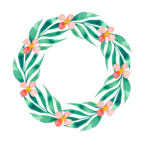 Botanical watercolor wreath isolated. Hand painted foliage and pink flowers — Stock Photo, Image