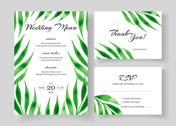 Schöne Aquarell botanische Hochzeitseinladungskarte Set — Stockvektor