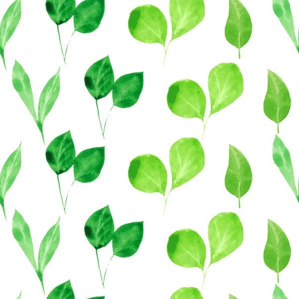 Akwarelowa zieleń. Płynny wzór z zielonymi liśćmi i gałęziami na białym — Wektor stockowy