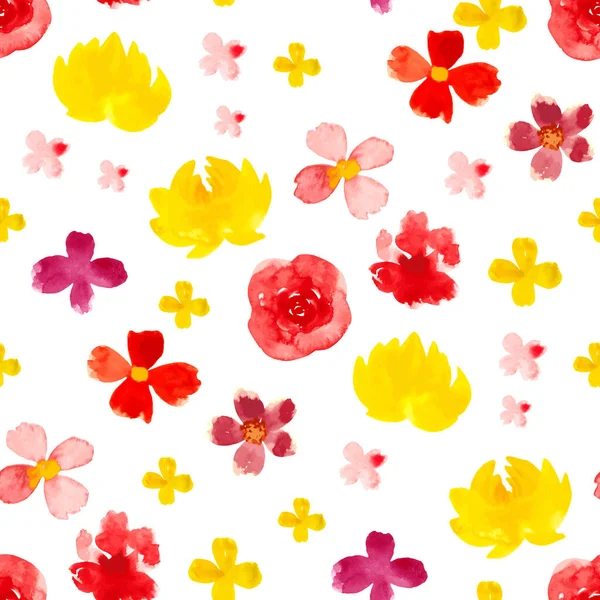 Seamless pattern with watercolor red pink yellow flowers — Stock Vector