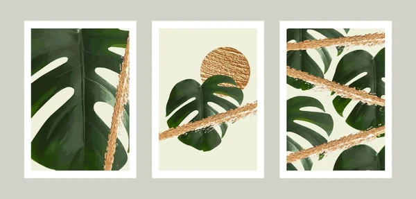 คอลเลกชันศิลปะผนังหรูหรา ใบ Monstera ที่สมจริงและรูปร่างนามธรรมสีทอง — ภาพเวกเตอร์สต็อก