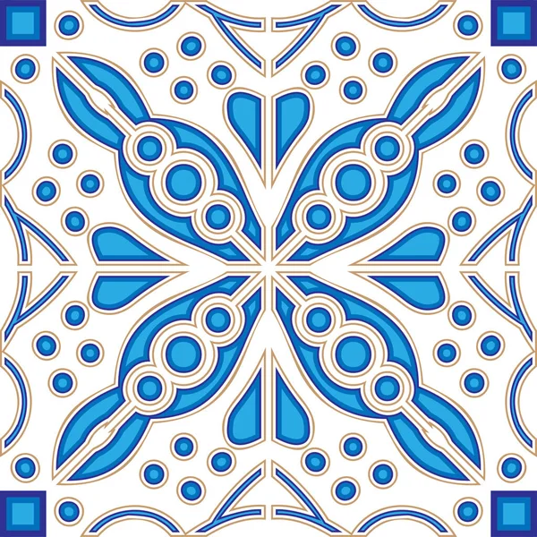 Azulejos Portugués baldosas holandesas en tonos de azul y amarillo patrón de colores — Vector de stock