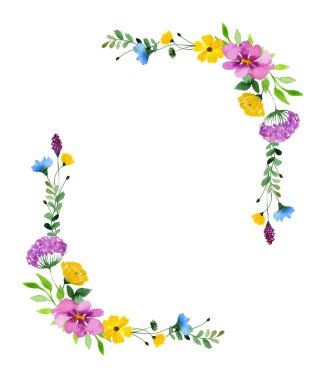 Suluboya yabani çiçek sınırı. Metin için yeri olan çiçek dikdörtgeni çerçevesi.