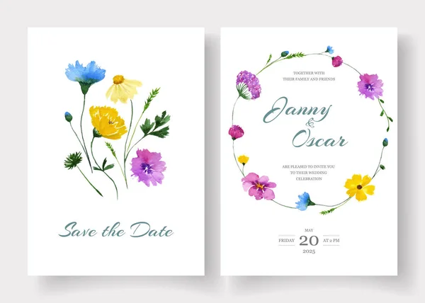 Bröllop inbjudan kort dekorerade med handmålade akvarell vildblommor — Stock vektor