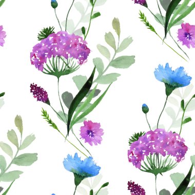 Beyaz arka planda suluboya kır çiçekleriyle kusursuz desen.