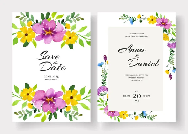 Hochzeitseinladungskarten mit handbemalten Aquarell-Wildblumen dekoriert — Stockvektor