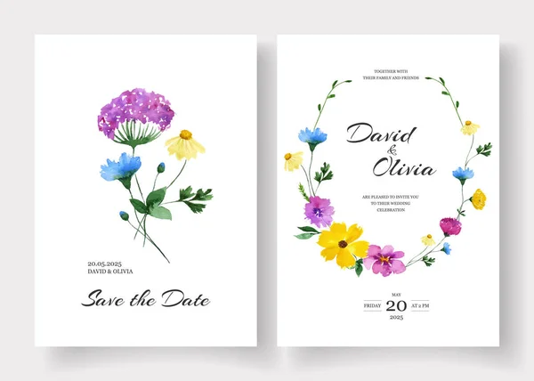 Hochzeitseinladungskarten mit handbemalten Aquarell-Wildblumen dekoriert — Stockvektor